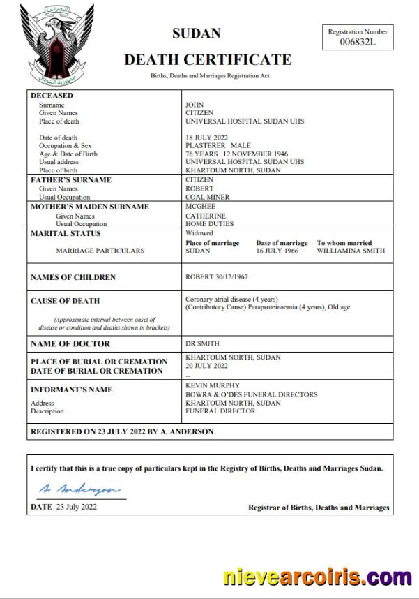 Sudan vital record death certificate